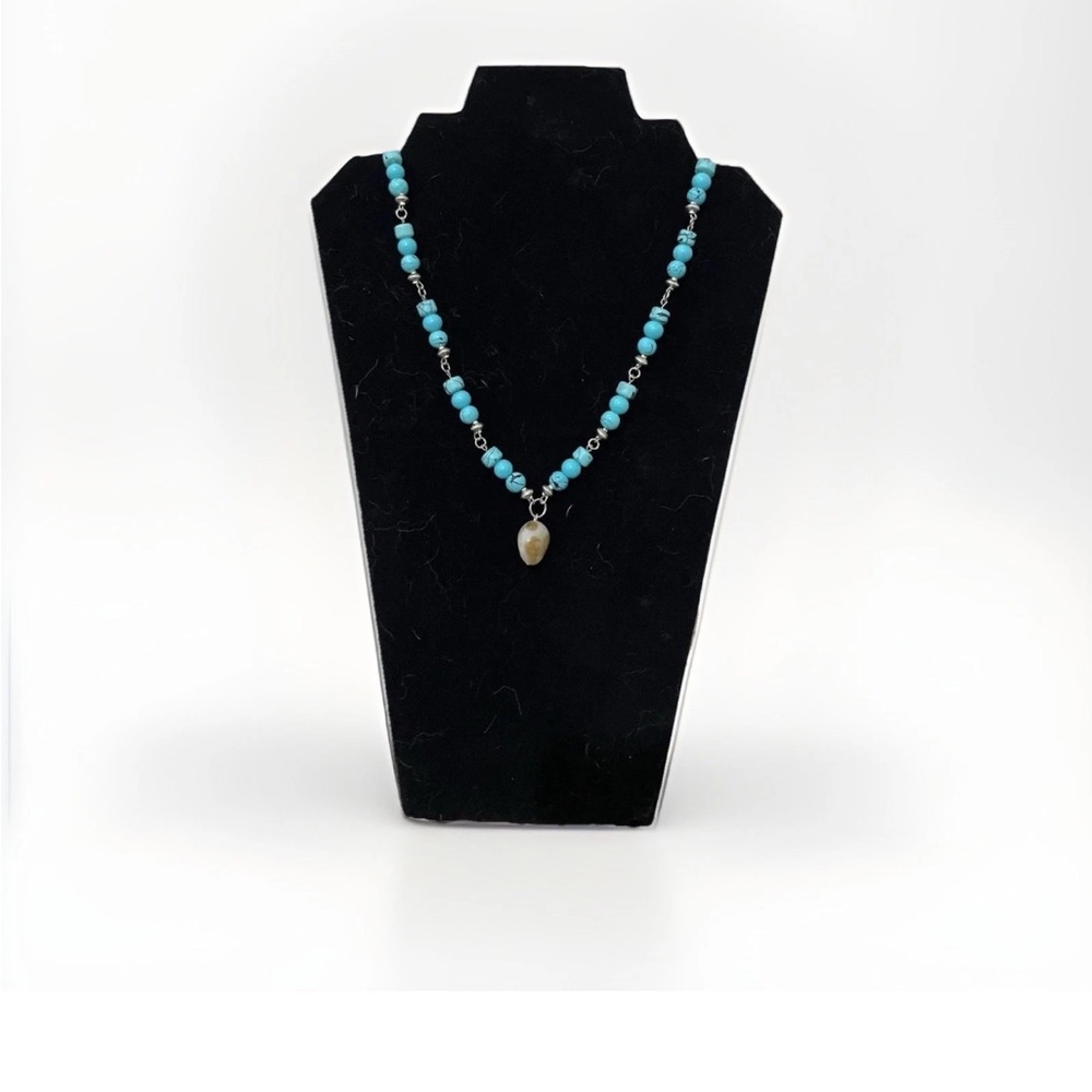 Wicca Natural Stone Protection Pendant Turquoise Color Beaded Necklace Handmade